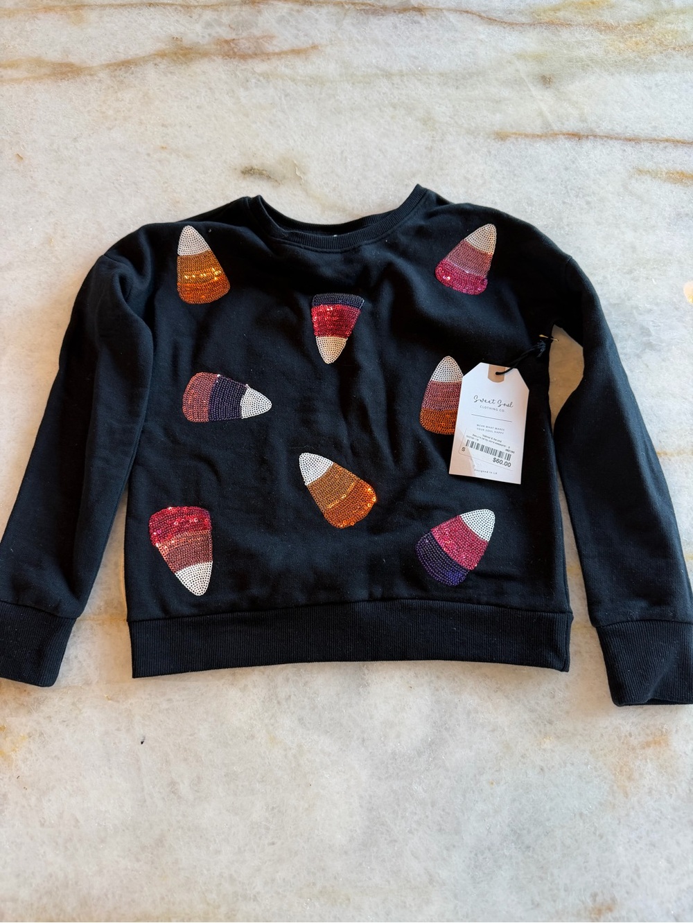 NWT Sweet Souls Black Sequin Candy Corn Sweatshirt - Girls Sz S - Halloween